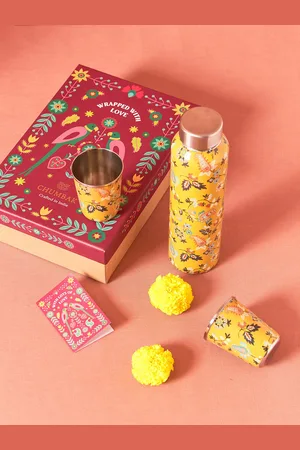 Chumbak Pixel Yellow & Blue 3 Pieces Printed Stainless Steel Drinkware Gift Set - 180 ml