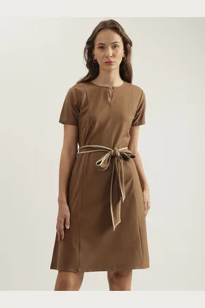ICONIC Women Cotton A-Line Casual Midi Dress With Belt
