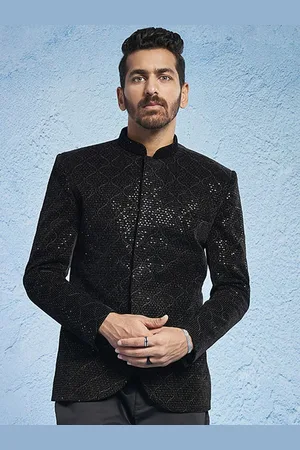 Vastramay Embroidered Sequinned Mandarin Collar Slim-Fit Velvet Bandhgala Blazers