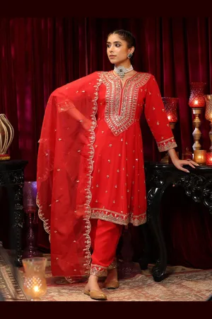 SCAKHI Floral Embroidered Notch Neck Panelled Anarkali Kurta With Salwar & Dupatta