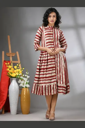 Charukriti Striped Fit & Flare Ethnic Midi Dresses