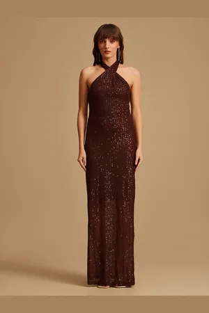 Kazo Brown Embellished Halter Neck Maxi Dress