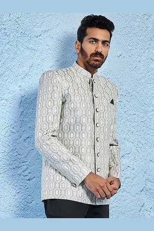 Vastramay Self Design Mandarin Collar Slim-Fit Jacquard Bandhgala Blazers