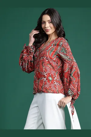 DressBerry Ethnic Print Puff Sleeve Crepe Shirt Style Top
