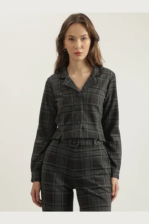 Elle Checked Notched Lapel Collar Pure Cotton Slim-Fit Single Breasted Crop Blazer