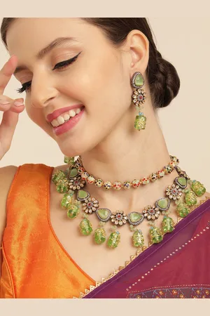 House of Pataudi AD & Kundan Stud Black Gold Polish Layered Princess Necklace Set