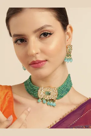 House of Pataudi Kundan Mint Layered Premium Golden Pendent Chokar Necklace Set