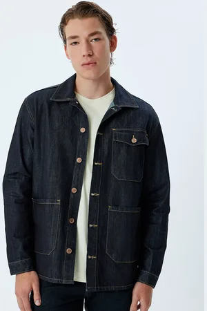 Koton Men Spread Collar Washed Solid Cotton Casual Denim Jacket