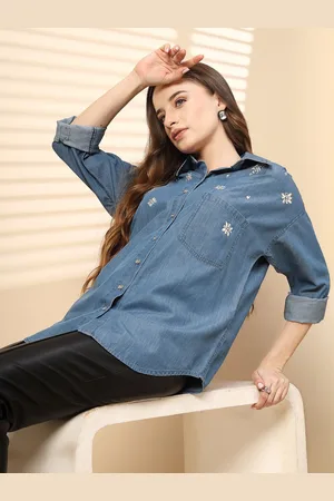 Gipsy Women New Spread Collar Floral Printed Denim Casual Shirt