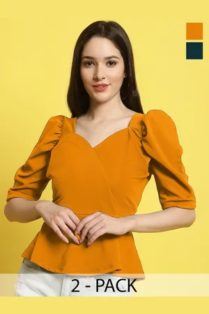 Metronaut Women Pack Of 2 Puff Sleeves Crop Regular Top