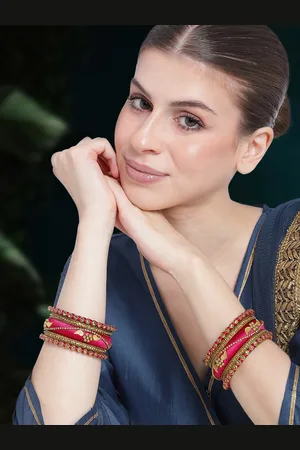 Peora Women 10Pcs Gold-Plated Silk Thread Work & Stone Studded Bangles
