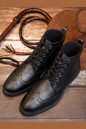 LOUIS STITCH Men Jet Black Egyptian Milled Leather Mid-Top Chukka Brogue Boots