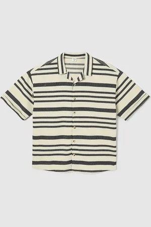 Max Collection Boys Cuban Collar Horizontal Striped Cotton Casual Shirt