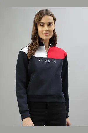 ICONIC Women Typography Printed Mock Collar Cotton Pullover Sweatshirt