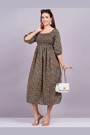 Kalini Print Puff Sleeve Crepe Casual Fit & Flare Midi Dress
