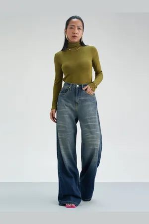 FREAKINS Women Pure Cotton Loose Flared High-Rise Heavy Fade Jeans
