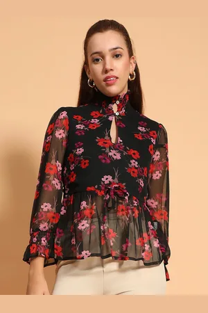 Oxolloxo Women Floral Printed Keyhole Neck Bell Sleeve Chiffon Casual Peplum Top