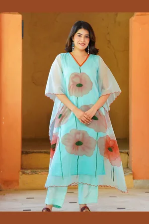 Ambraee Floral Printed Organza Kaftan Kurta With Trouser