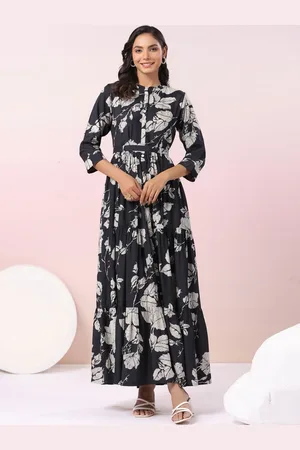 JISORA Women Floral Printed Mandarin Collar Maxi Dress