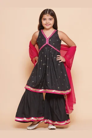 Bhama Girls Ethnic Motifs Printed Empire Gotta Patti Pure Cotton Kurta with Sharara
