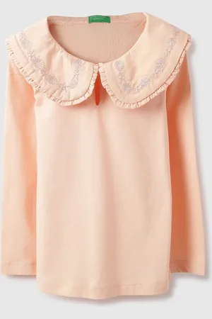Benetton Girls Peter Pan Collar Pure Cotton Raw Edge T-shirt