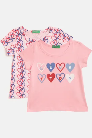 Benetton Girls Pack of 2 Pink Pure Cotton Printed Round Neck T-shirt