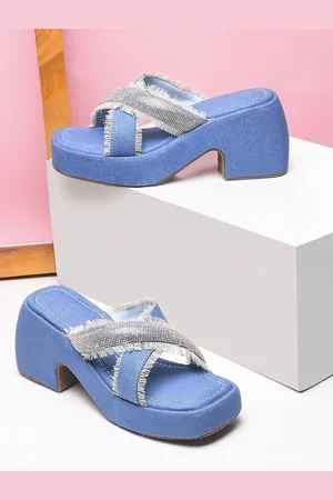 JM Looks Women Rhinestone Embellished Denim Block Sandals
