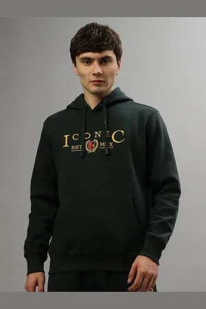 ICONIC Men Typography Printed Hood Cotton Pullover Sweatshirt