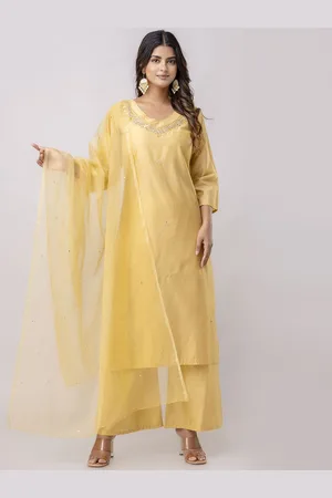 Kalini Floral Embroidered V-Neck Pure Silk Straight Kurta With Trousers & Dupatta