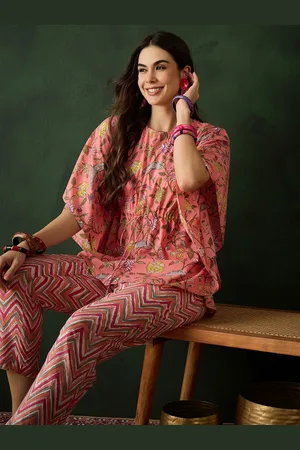 Sangria Peach Floral Printed Pure Cotton Kaftan Top With Trousers Co-Ords