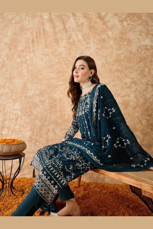Sangria Floral Embroidered Zari Silk Georgette Unstitched Dress Material