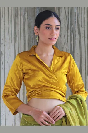 Chidiyaa Women Yellow Solid Shirt Collar Tie- Up Silk Saree Blouse