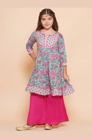 Bhama Girls Floral Printed Empire Gotta Patti Pure Cotton Kurta with Sharara