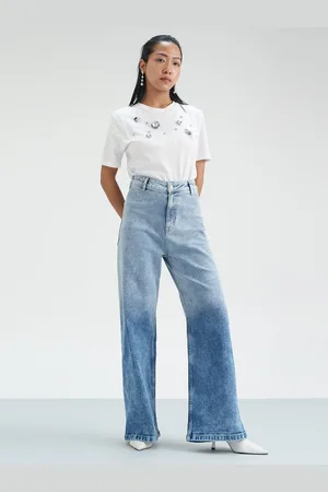FREAKINS Women Cotton Loose Flared High-Rise Heavy Fade Stretchable Jeans