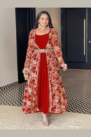 Janasya Women Maroon Georgette Floral Printed Embroidered Belted Dress With Jacket