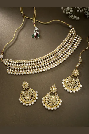 Peora Off-White Gold-Plated Kundan Studded Antique Jewellery Set