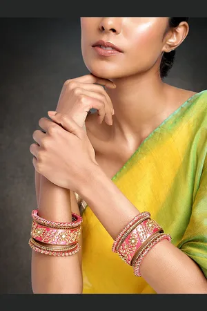 Peora Set of 10 Gold-Plated & Pink Silk Thread Handcrafted Kundan Bangles
