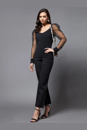 Chemistry Women Black Solid V-Neck Full Sleeve Relaxed Fit Regular Top