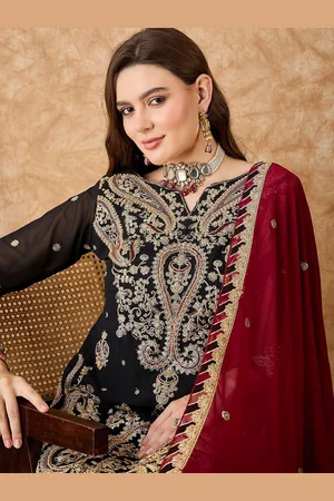 Sangria Floral Embroidered Zari Silk Georgette Unstitched Dress Material