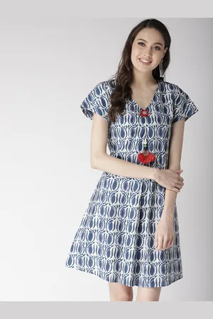 Antheaa Women Navy Blue & White Printed A-Line Dress