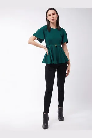 Chemistry Green Solid Polyester Slim Fit Round Neck Short Sleeve Regular Length Top