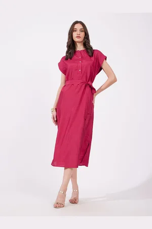 FableStreet Women Solid Tie-Up A-Line Midi Dress