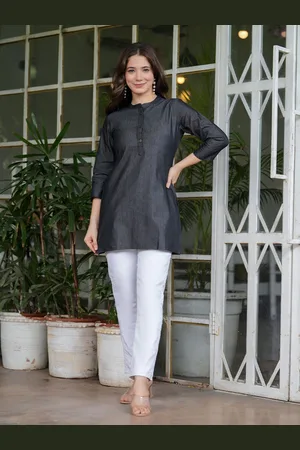 Celebravo Women Mandarin Collar Cotton Denim Top