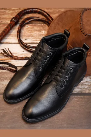 LOUIS STITCH Men Jet Black Egyptian Milled Leather Mid-Top Biker Boots