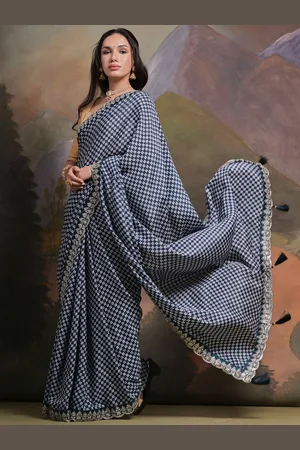 Sangria Women Blue Floral Printed Poly Chiffon Saree With unstitched blouse piece