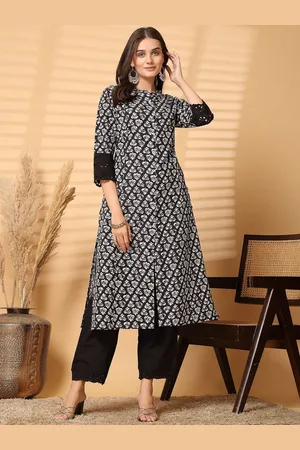 Pistaa Floral Printed Mandarin Collar Three-Quarter Sleeves Pure Cotton A-Line Kurta