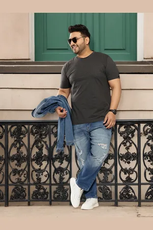 Sztori Men Plus Size Slim Tapered Fit Mildly Distressed Light Fade Stretchable Jeans