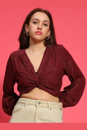 Oxolloxo Women V-Neck Bishop Sleeves Wrap Crop Top
