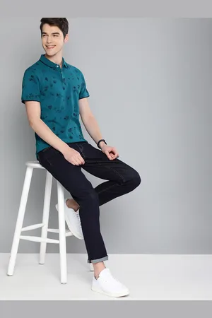 Mast & Harbour Mast Harbour Men Teal Printed Polo Collar Pure Cotton T-shirt