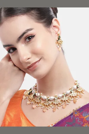 Anouk Gold-Plated Lotus Drop Earrings Kundan Necklace Set
